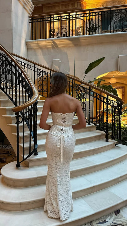 Evening Dress Strapless White Lace Mermaid Gown with Corset Bodice and Lace-Up Back