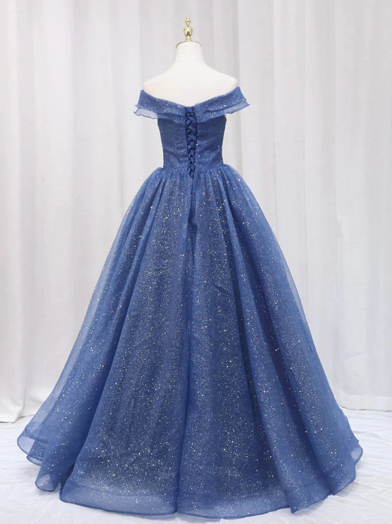Sparkling Off Shoulder Navy Blue Tulle Long Prom Dresses Graduation Evening Dresses