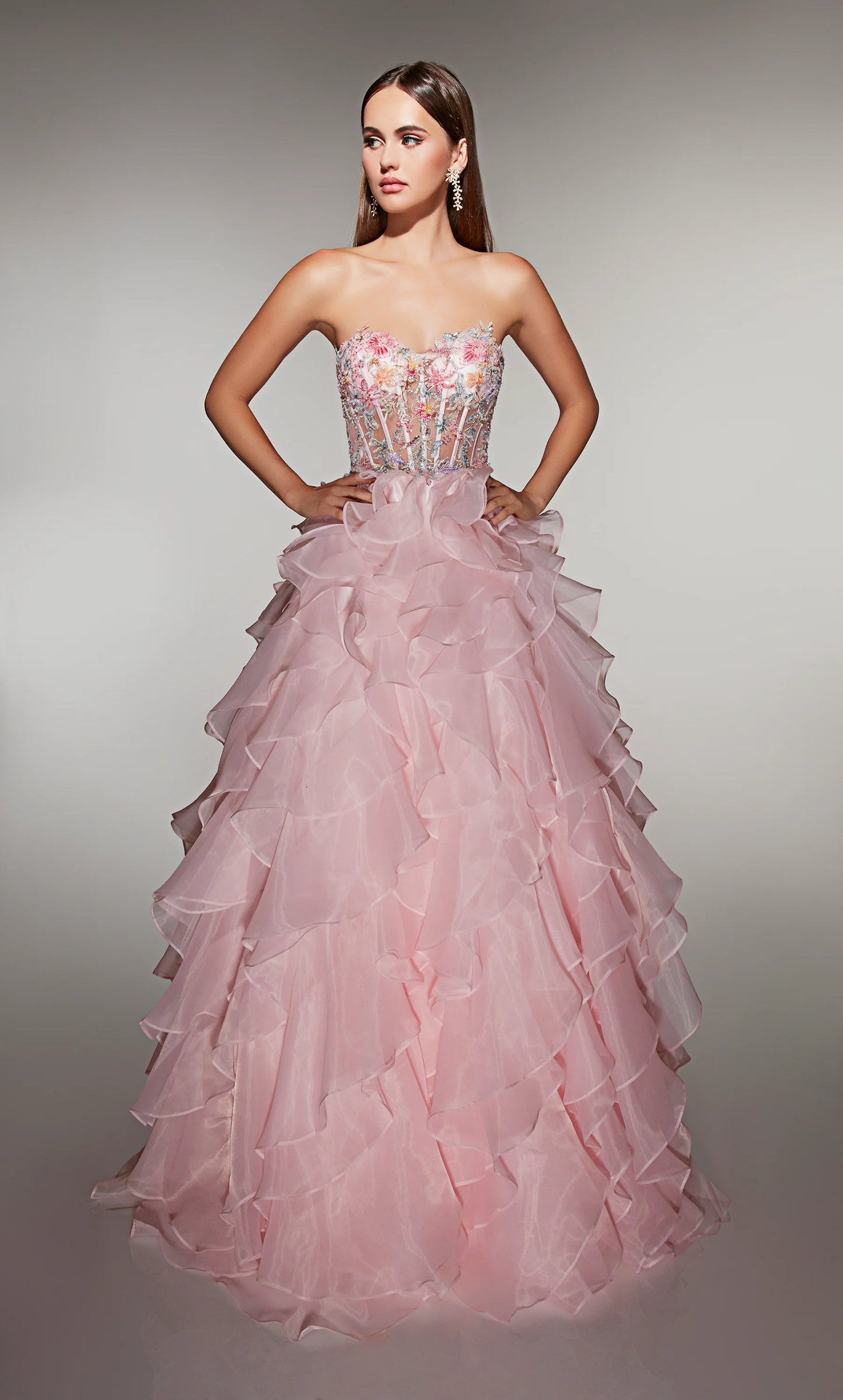 Fairy-Tale Blush Pink Strapless Ball Gown with Floral Embellished Corset and Ruffled Organza Skirt: Prom Dress