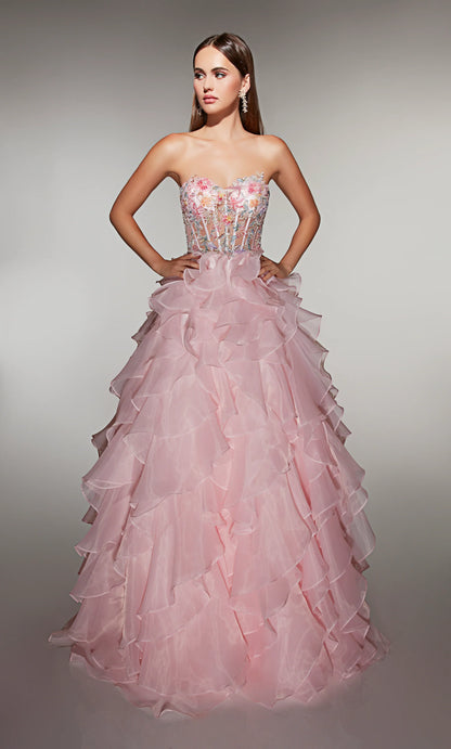 Fairy-Tale Blush Pink Strapless Ball Gown with Floral Embellished Corset and Ruffled Organza Skirt: Prom Dress