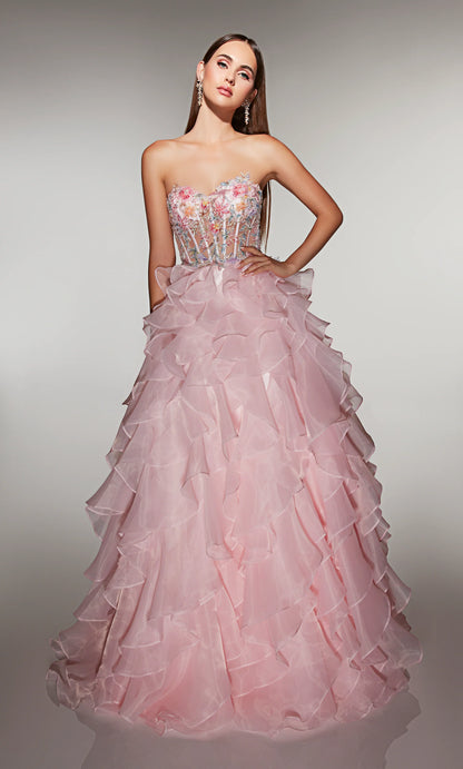 Fairy-Tale Blush Pink Strapless Ball Gown with Floral Embellished Corset and Ruffled Organza Skirt: Prom Dress