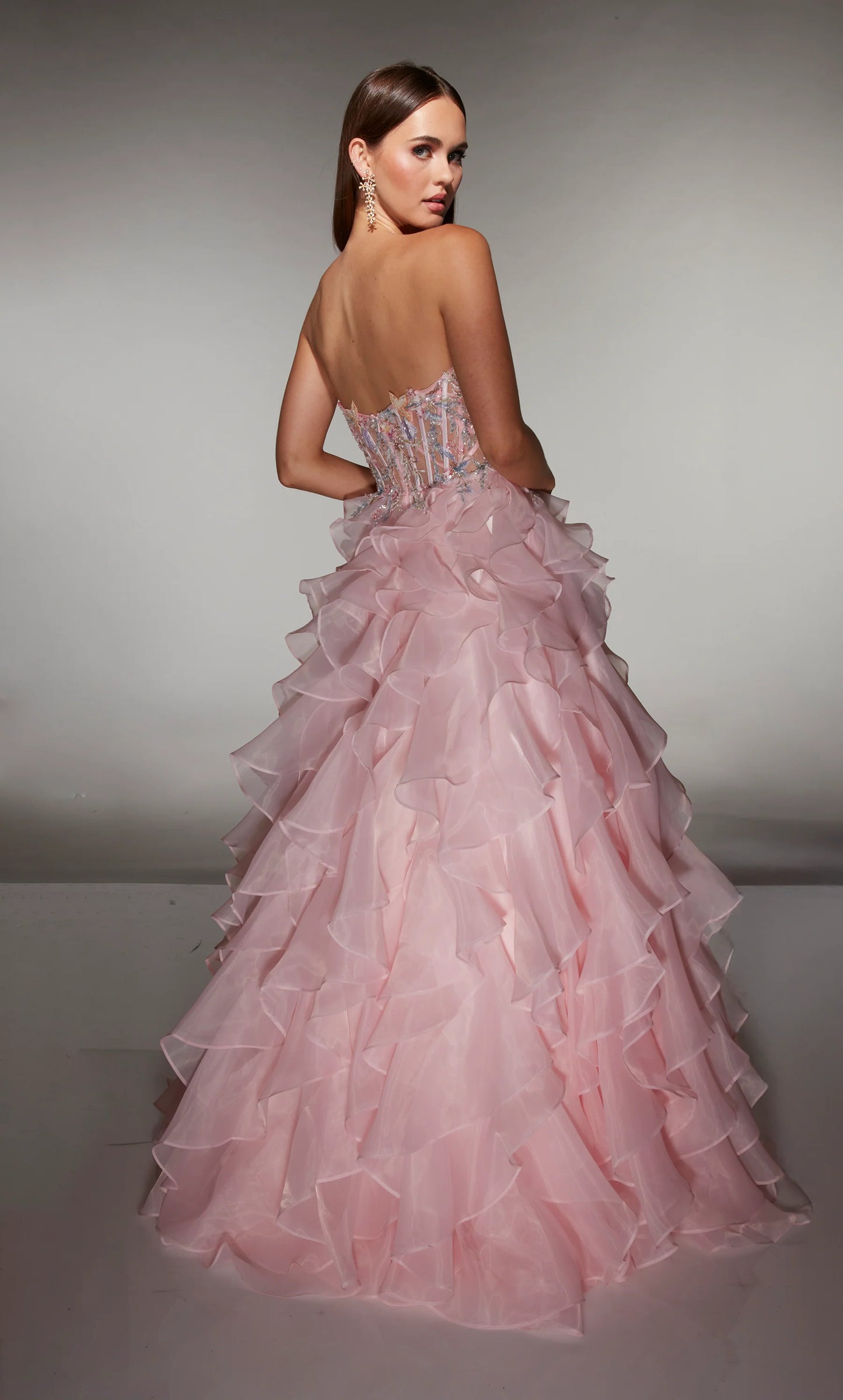 Fairy-Tale Blush Pink Strapless Ball Gown with Floral Embellished Corset and Ruffled Organza Skirt: Prom Dress
