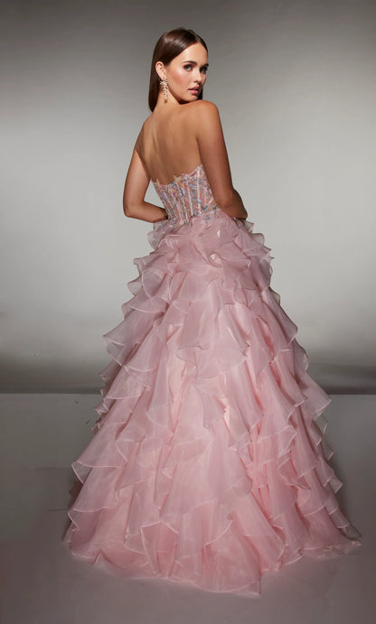 Fairy-Tale Blush Pink Strapless Ball Gown with Floral Embellished Corset and Ruffled Organza Skirt: Prom Dress
