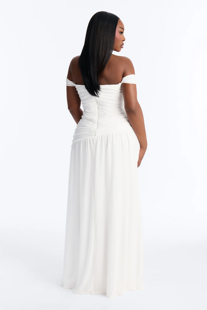 Fitted off shoulder deep v ruched chiffon maxi evening dress