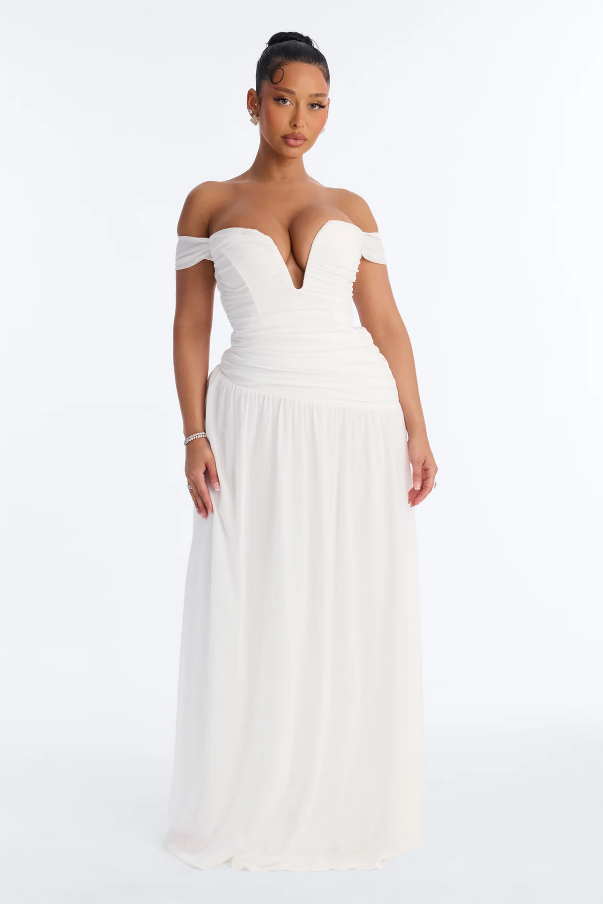 Fitted off shoulder deep v ruched chiffon maxi evening dress