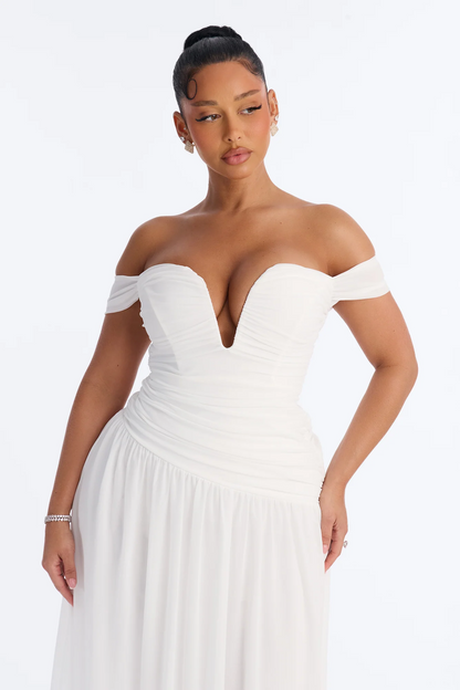 Fitted off shoulder deep v ruched chiffon maxi evening dress