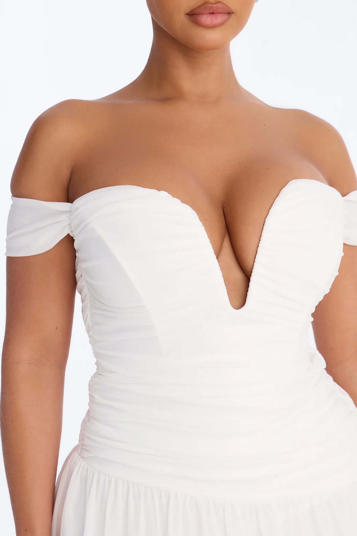 Fitted off shoulder deep v ruched chiffon maxi evening dress