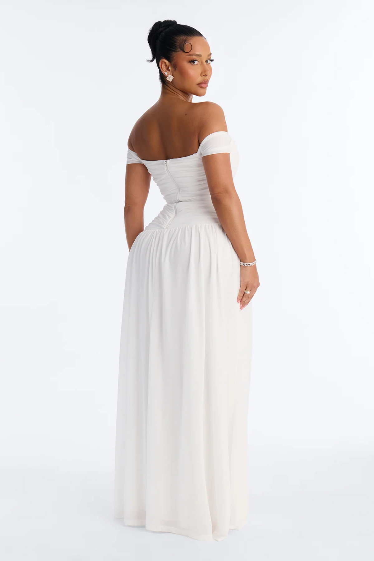 Fitted off shoulder deep v ruched chiffon maxi evening dress