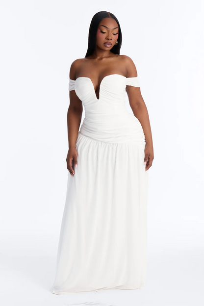 Fitted off shoulder deep v ruched chiffon maxi evening dress