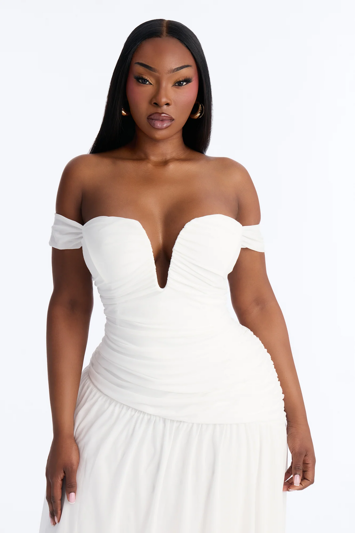 Fitted off shoulder deep v ruched chiffon maxi evening dress
