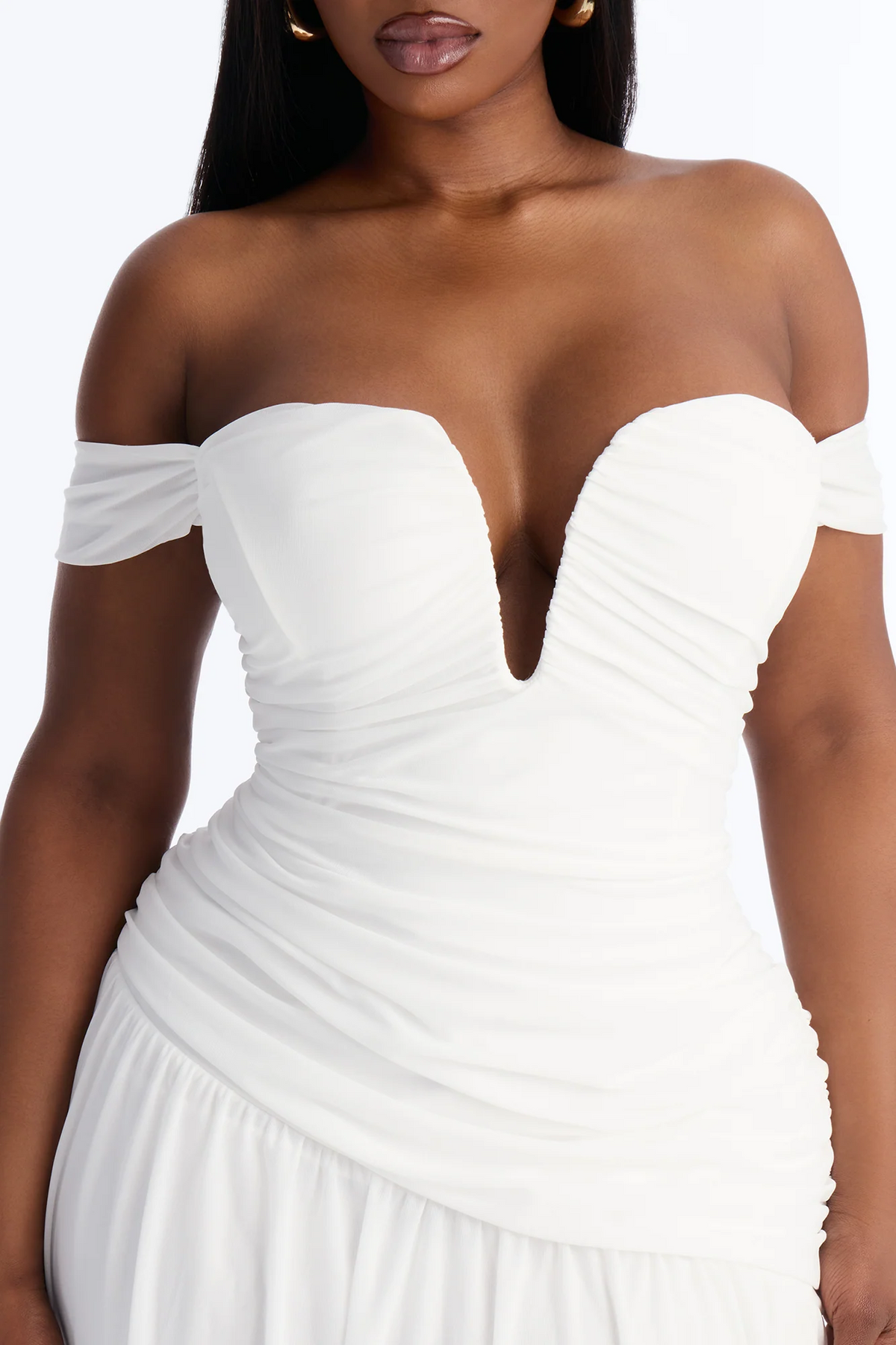 Fitted off shoulder deep v ruched chiffon maxi evening dress