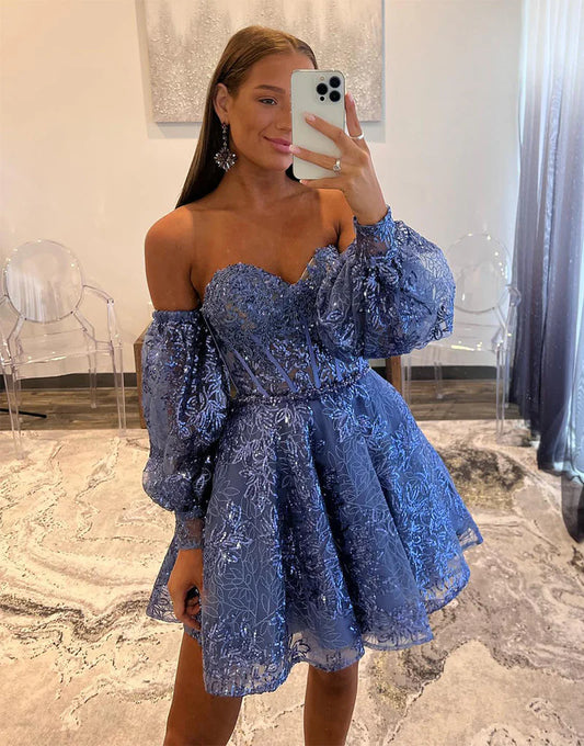 Model in pink A-line sweetheart mini homecoming dress.