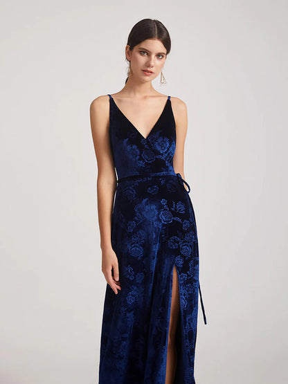 Floral Pattern V Neck Velvet Bridesmaid Dresses With Sash