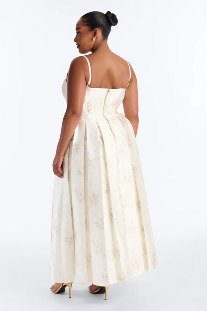 Floral A-line Sweetheart Spaghetti-strap Zip-back Midi Evening Dress
