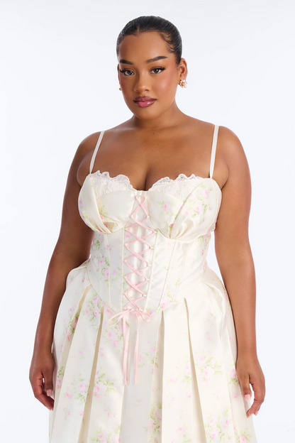 Floral A-line Sweetheart Spaghetti-strap Zip-back Midi Evening Dress