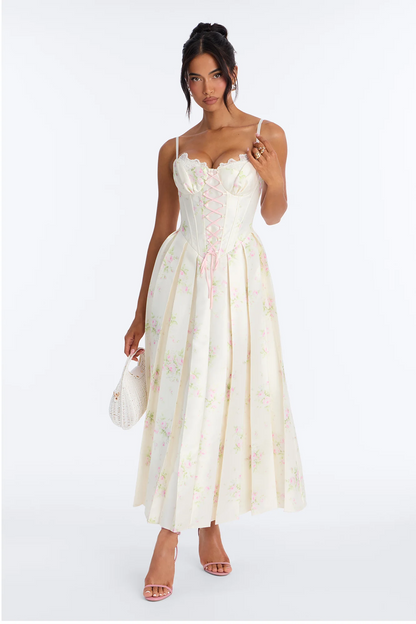 Floral A-line Sweetheart Spaghetti-strap Zip-back Midi Evening Dress