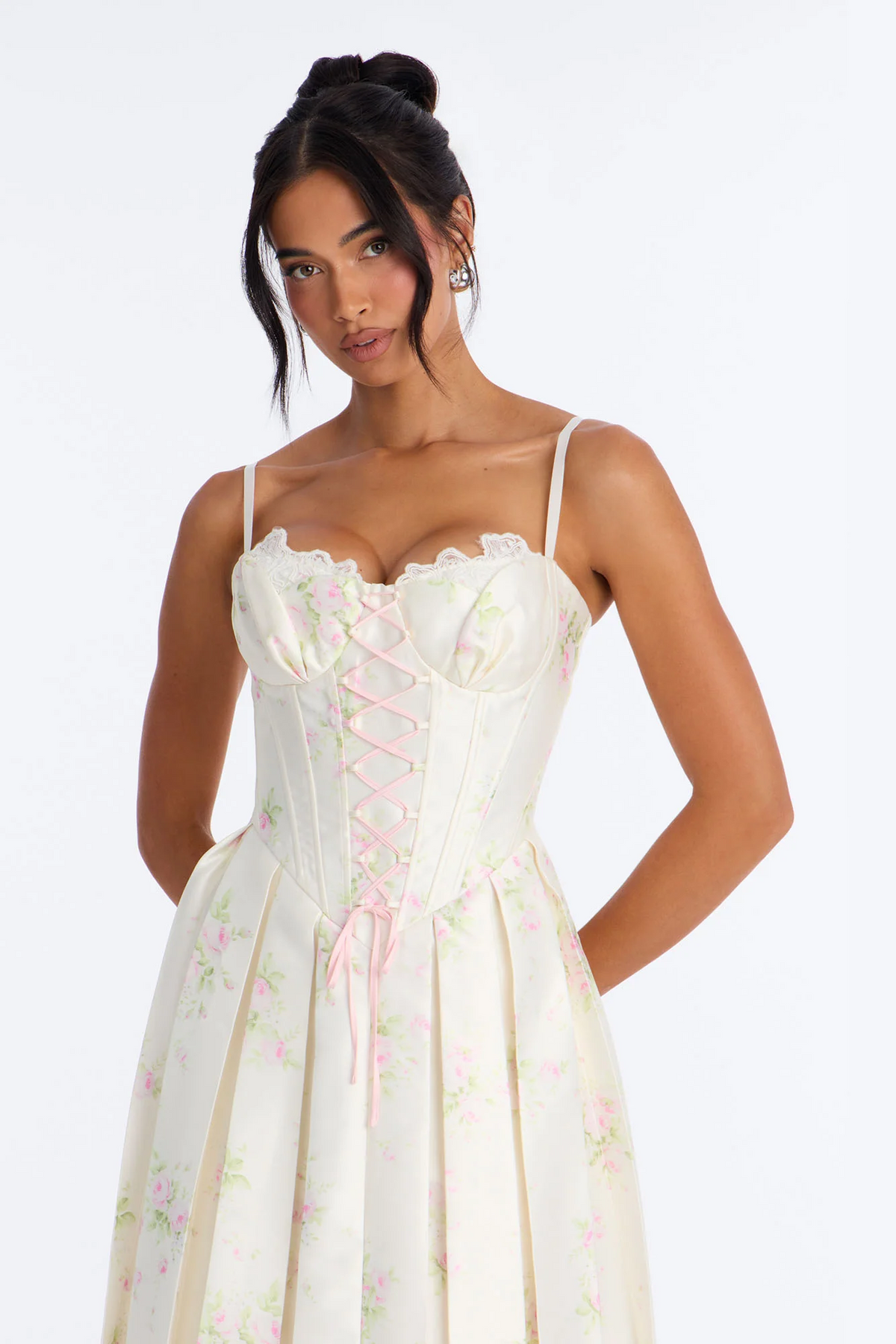Floral A-line Sweetheart Spaghetti-strap Zip-back Midi Evening Dress