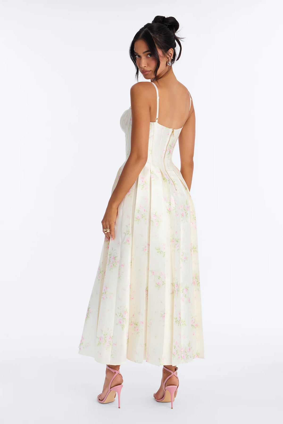 Floral A-line Sweetheart Spaghetti-strap Zip-back Midi Evening Dress