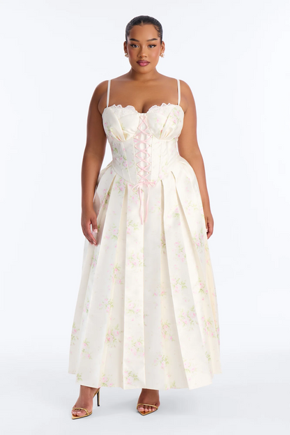 Floral A-line Sweetheart Spaghetti-strap Zip-back Midi Evening Dress