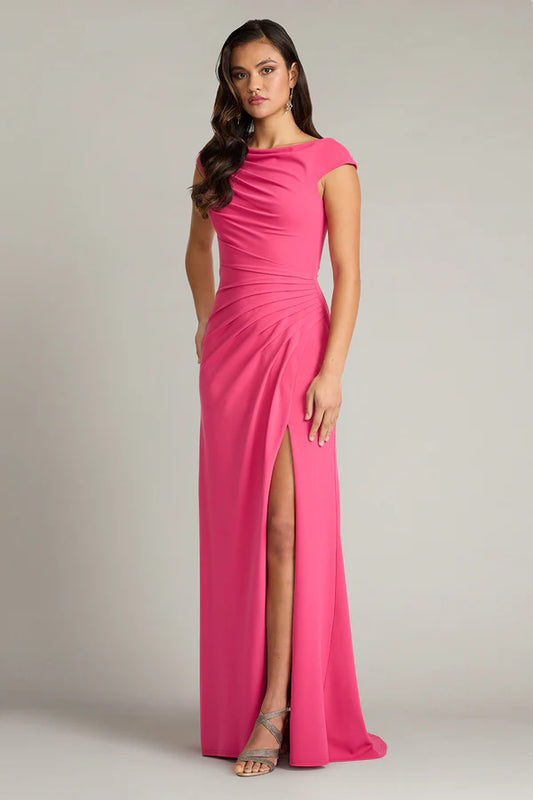 Fuchsia Cap Sleeve Boat Neck Ruched Crepe Mermaid Slit Floor Length Formal Evening Prom Dress