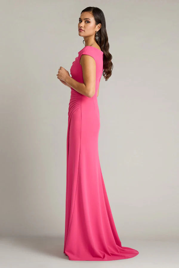 Fuchsia Cap Sleeve Boat Neck Ruched Crepe Mermaid Slit Floor Length Formal Evening Prom Dress