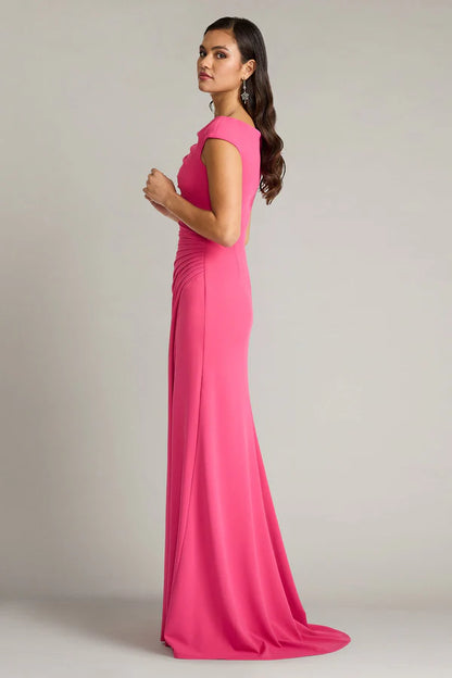 Fuchsia Cap Sleeve Boat Neck Ruched Crepe Mermaid Slit Floor Length Formal Evening Prom Dress