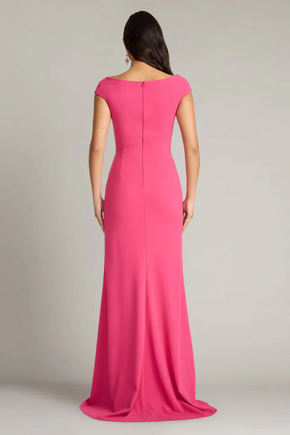 Fuchsia Cap Sleeve Boat Neck Ruched Crepe Mermaid Slit Floor Length Formal Evening Prom Dress