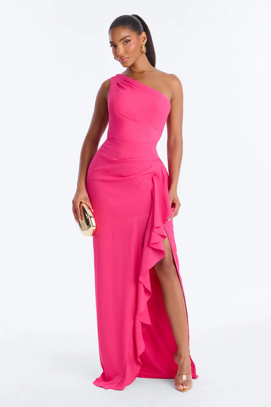 Fuchsia One Shoulder Ruffle Slit Maxi Evening Dress