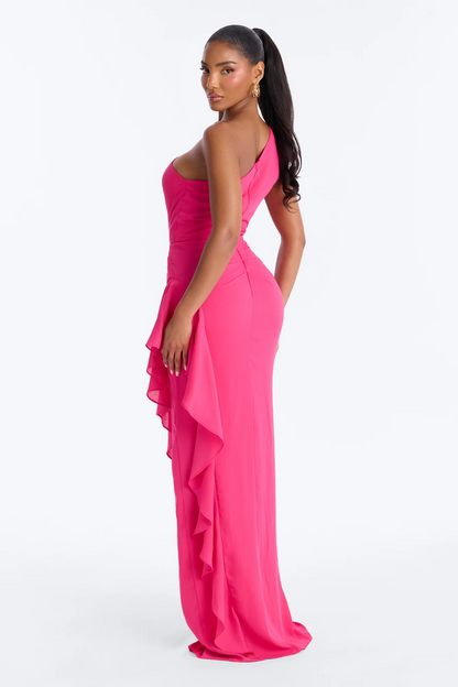 Fuchsia One Shoulder Ruffle Slit Maxi Evening Dress