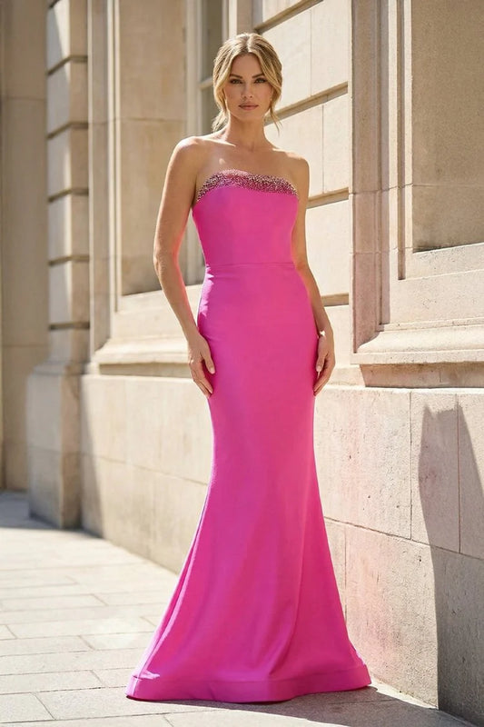 Fuchsia Satin Beaded Neck Lace Up Back Mermaid Prom Dresses