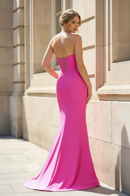 Fuchsia Satin Beaded Neck Lace Up Back Mermaid Prom Dresses