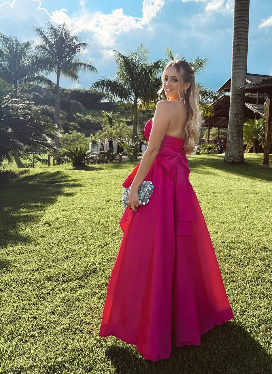 Fuchsia Strapless Prom Dress With Asymmetrical Layered Skirt And Back Bow Detail Formal Prom Dress