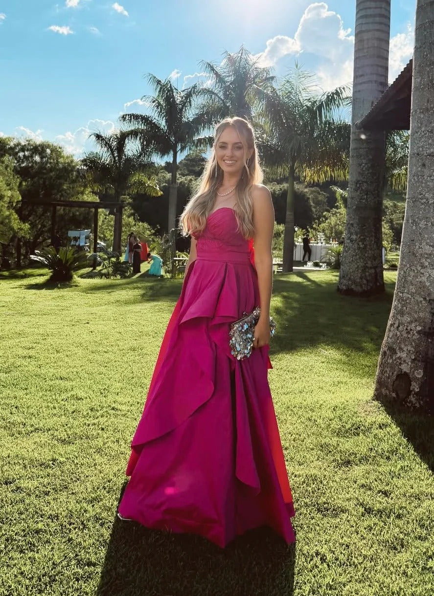 Fuchsia Strapless Prom Dress With Asymmetrical Layered Skirt And Back Bow Detail Formal Prom Dress