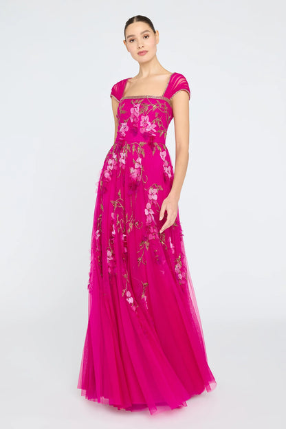 Fuchsia Tulle A Line Square Neck Cap Sleeve 3D Floral Embroidery Floor Length Formal Evening Prom Dress