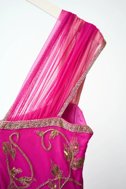 Fuchsia Tulle A Line Square Neck Cap Sleeve 3D Floral Embroidery Floor Length Formal Evening Prom Dress
