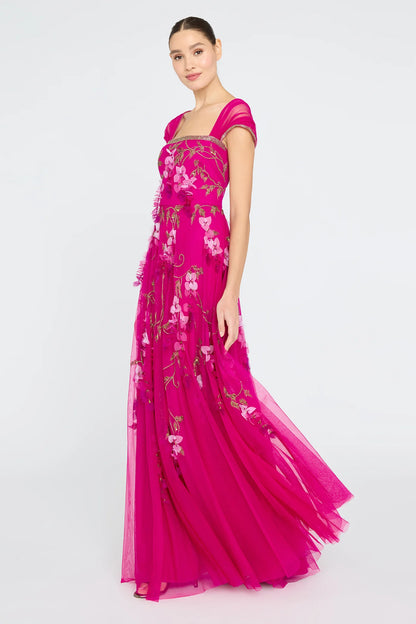 Fuchsia Tulle A Line Square Neck Cap Sleeve 3D Floral Embroidery Floor Length Formal Evening Prom Dress