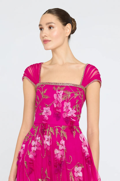 Fuchsia Tulle A Line Square Neck Cap Sleeve 3D Floral Embroidery Floor Length Formal Evening Prom Dress