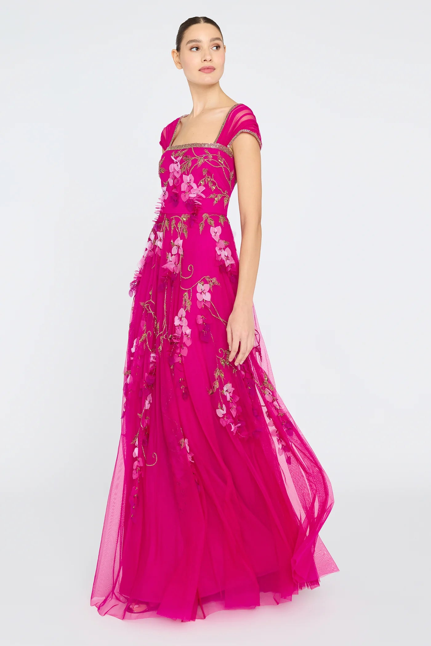 Fuchsia Tulle A Line Square Neck Cap Sleeve 3D Floral Embroidery Floor Length Formal Evening Prom Dress