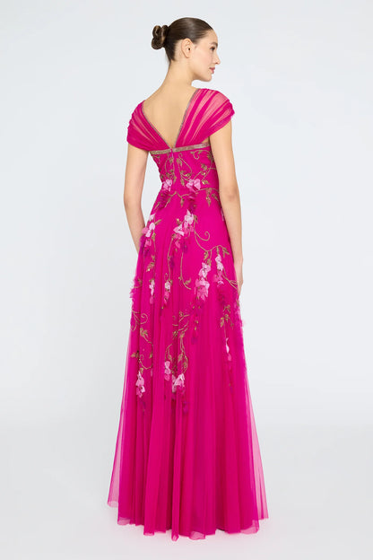 Fuchsia Tulle A Line Square Neck Cap Sleeve 3D Floral Embroidery Floor Length Formal Evening Prom Dress