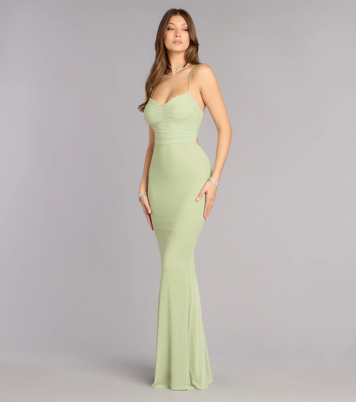 Glam Mermaid Spaghetti Strap Sweetheart Neck Ruched Slit Sage Green Maxi Evening Dresses Women Formal