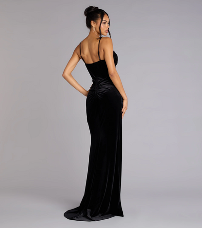 Glam Mermaid Spaghetti Strap V Neck Ruched Slit Black Velvet Maxi Evening Dresses Women Formal
