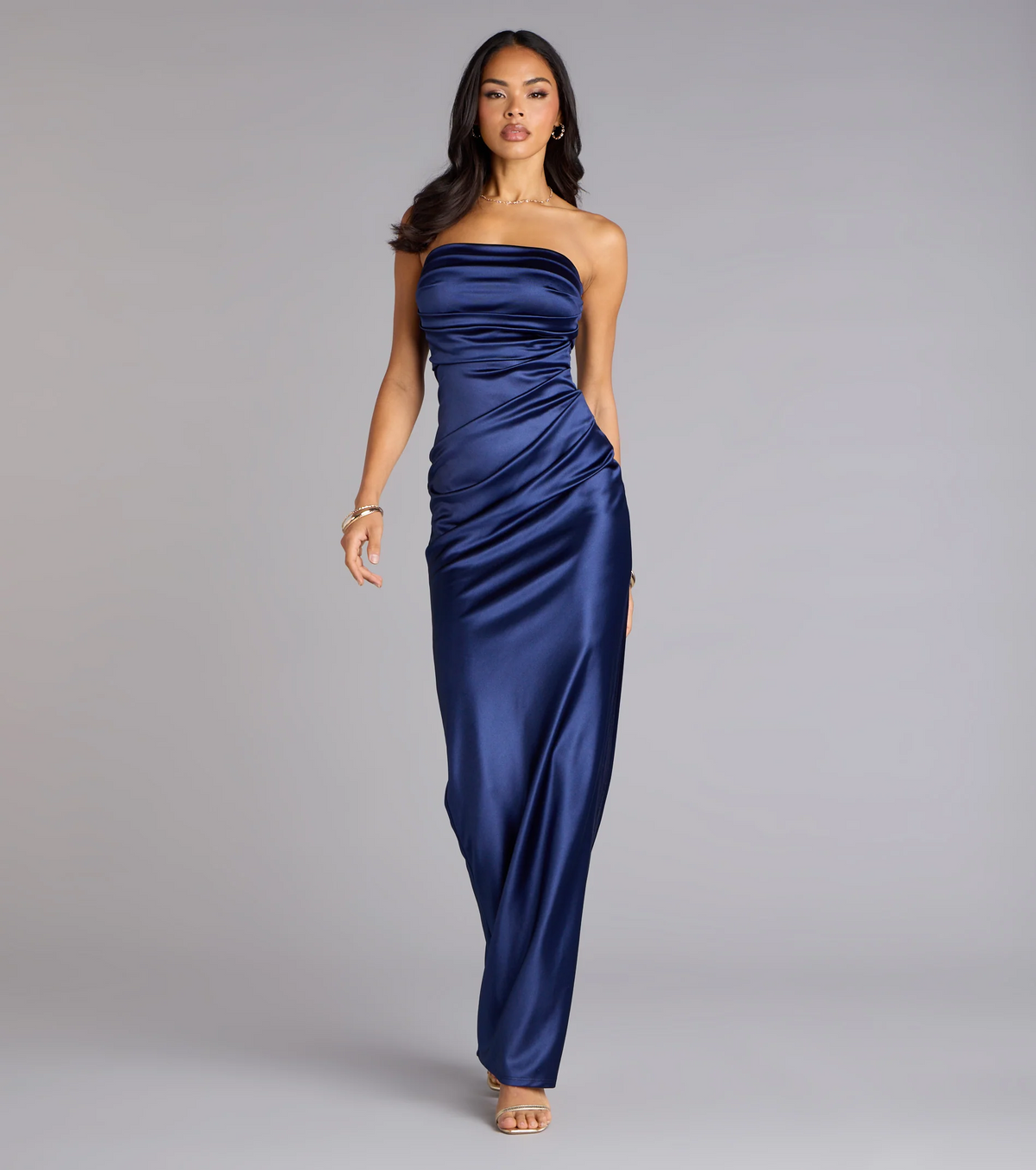 Glam Sheath Strapless Sleeveless Ruched Slit Navy Maxi Evening Dresses Women Formal
