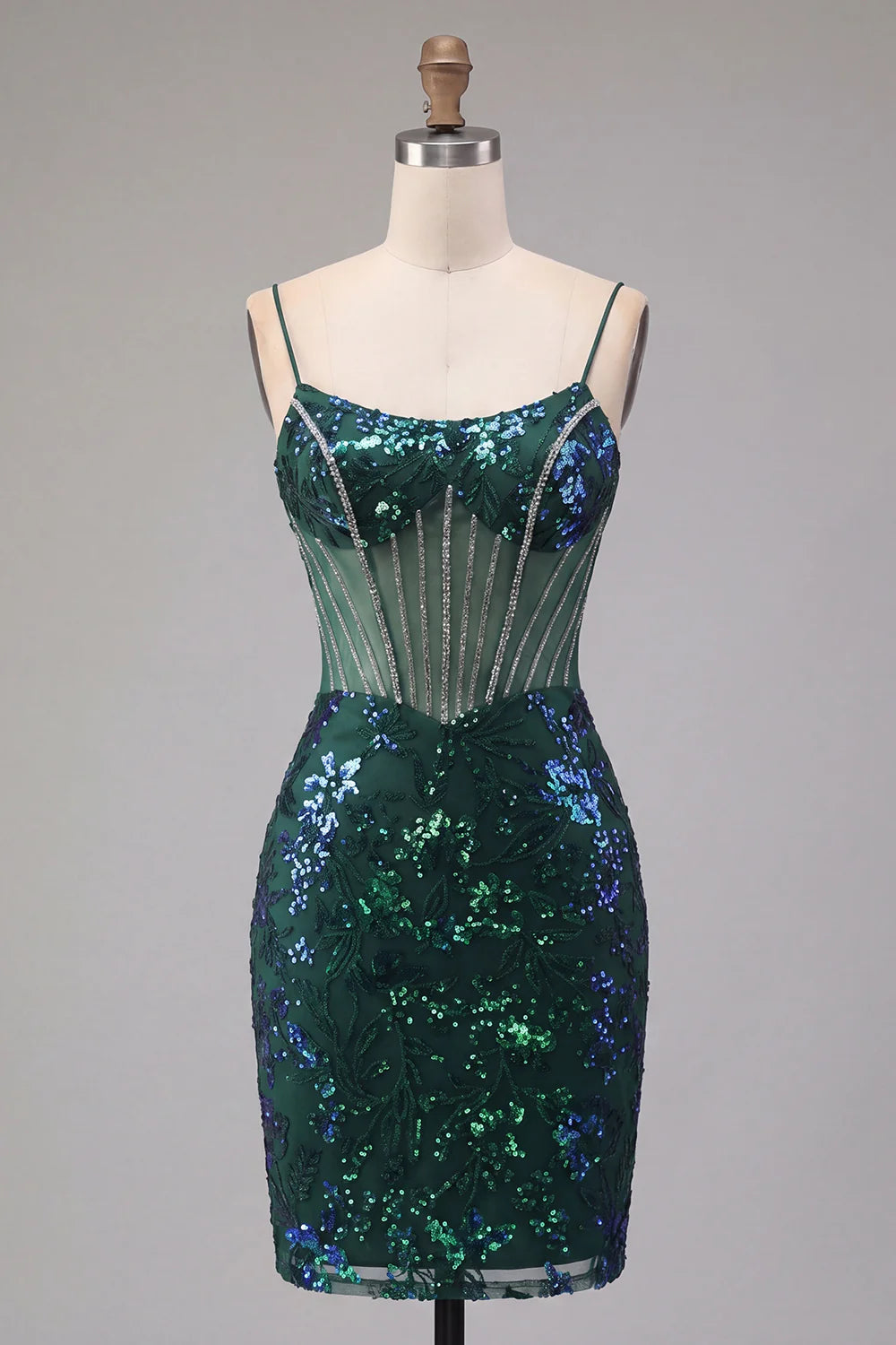 Back view of a dark green bodycon dress, showcasing its short silhouette.