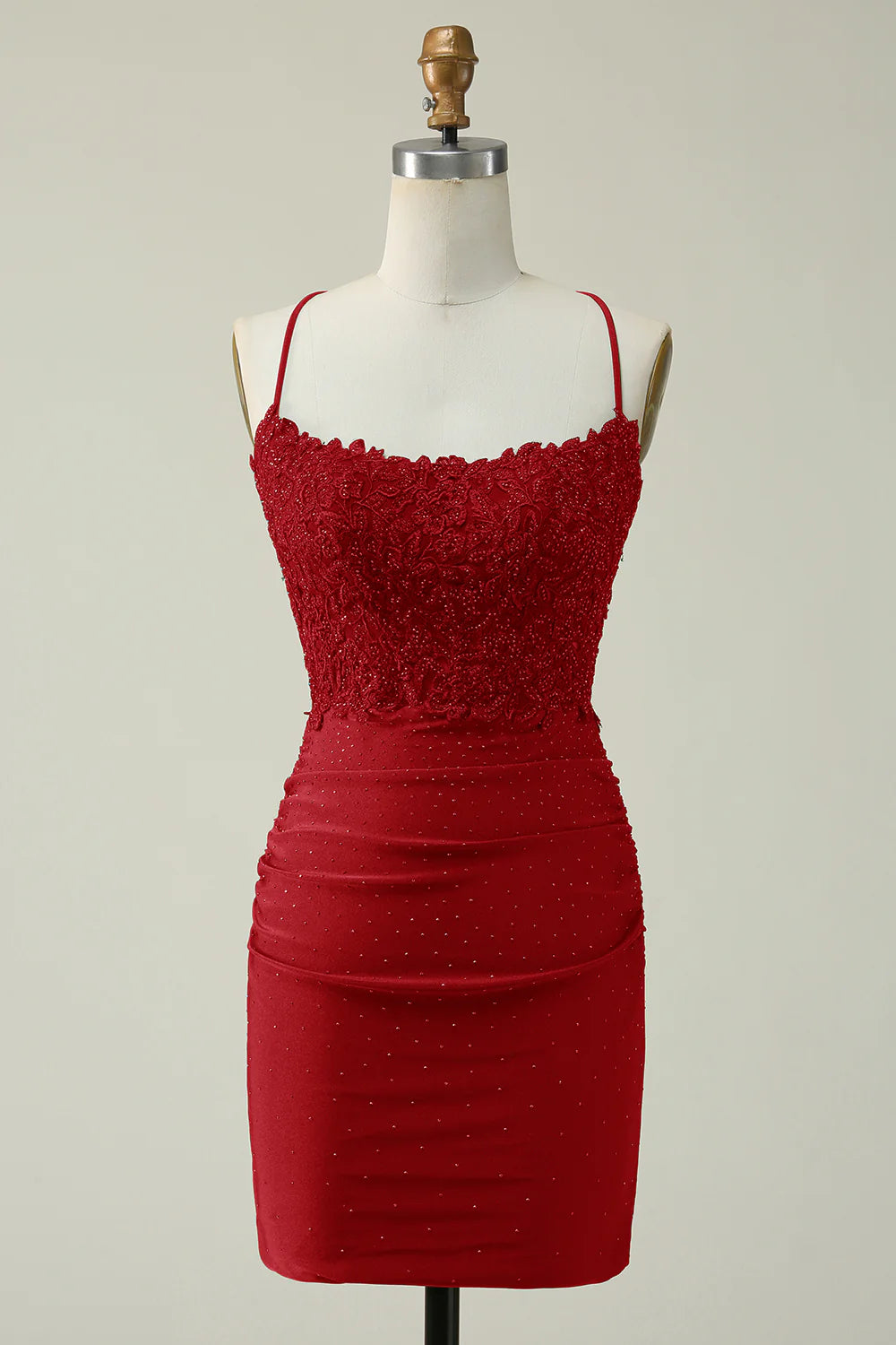 Burgundy halter bodycon dress with sparkly appliques.