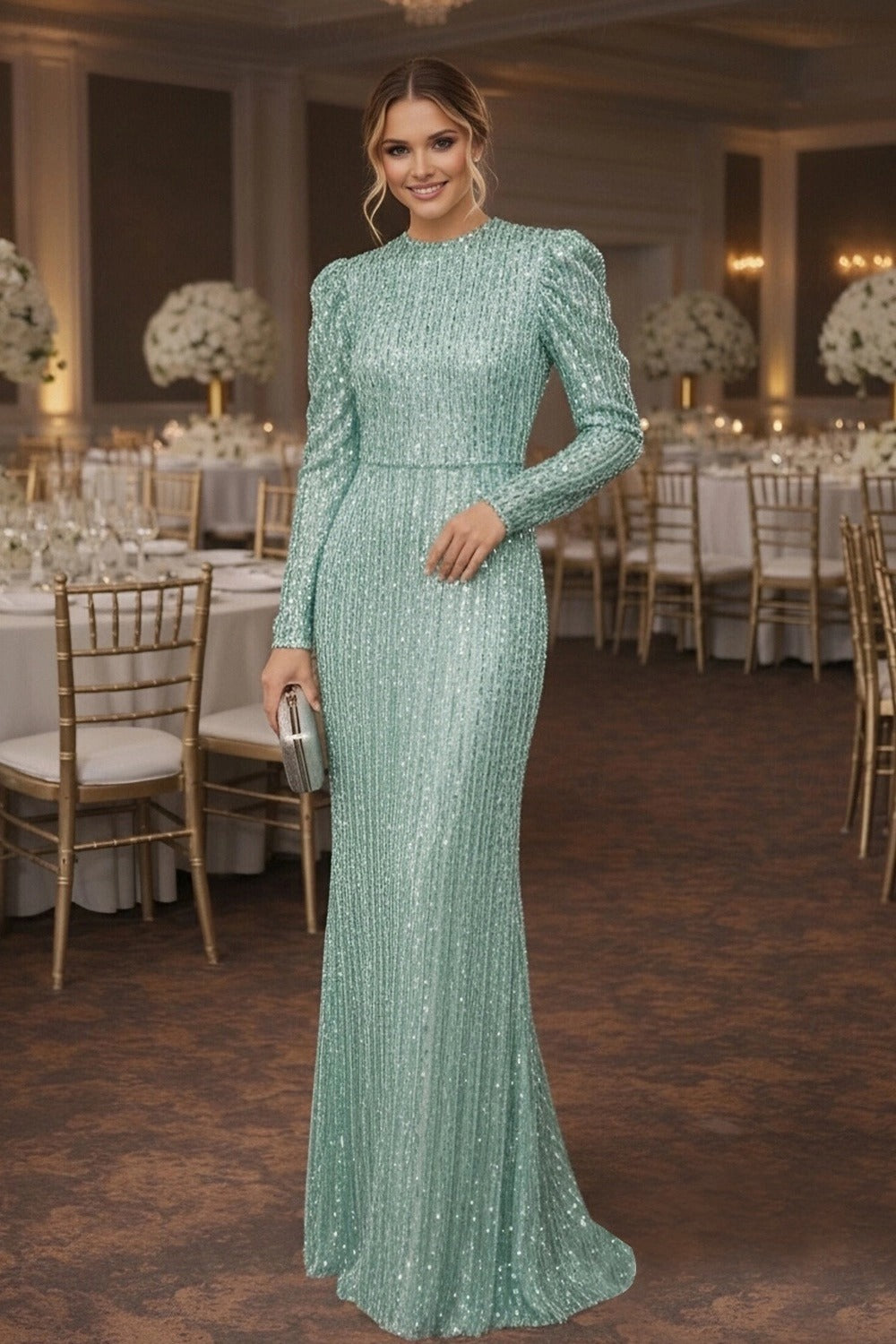 Woman in a glamorous high neck long sleeve sequin mermaid gown.