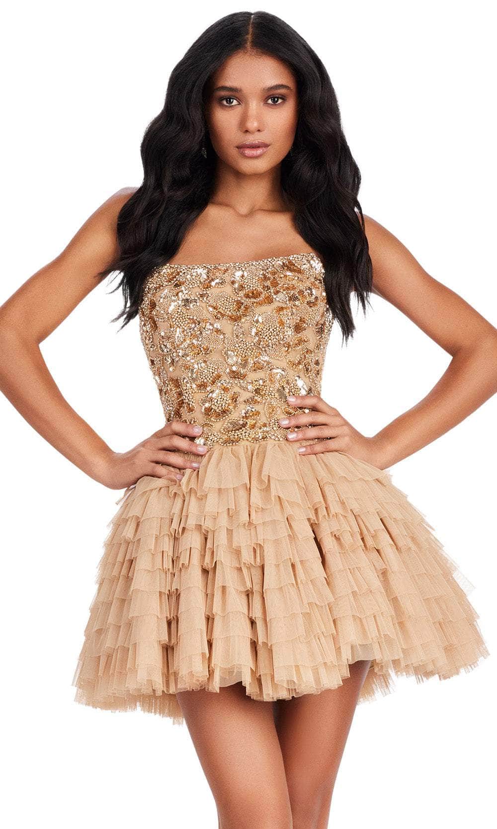 Koutun strapless A-line mini homecoming dress with floral beaded corset and tiered tulle skirt.