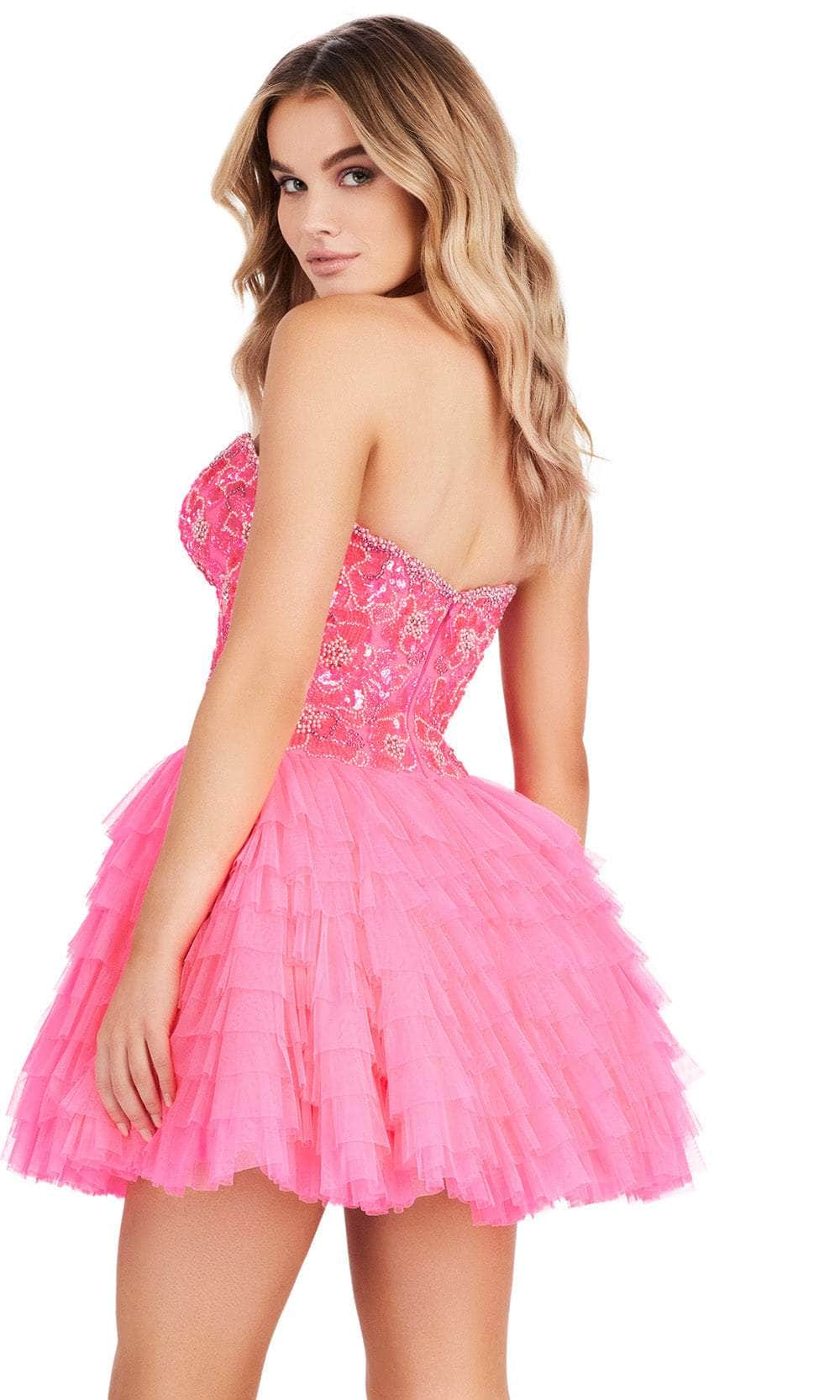 Koutun strapless mini homecoming dress in pink, with intricate floral beading.