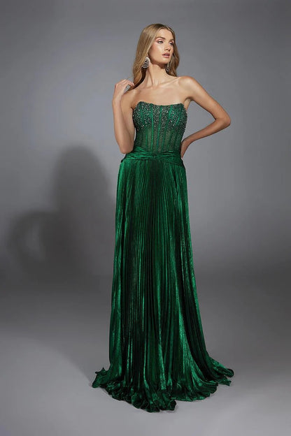 Glamorous A-Line Strapless Crystal-Embellished Pleated Prom Dress