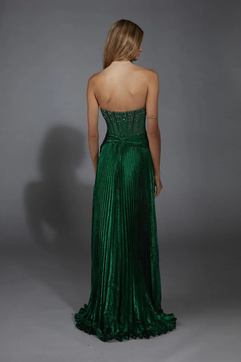 Glamorous A-Line Strapless Crystal-Embellished Pleated Prom Dress