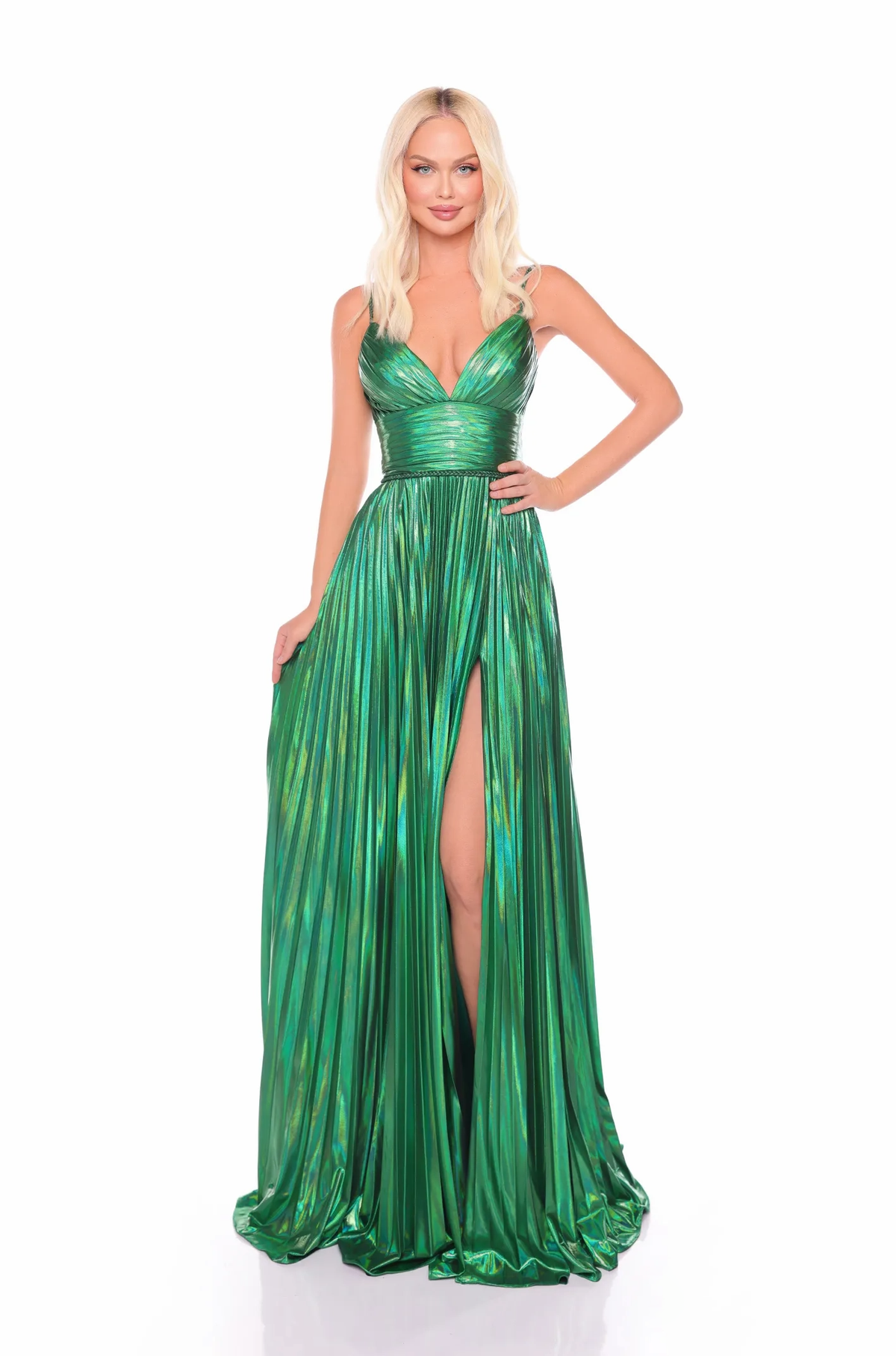 Glamorous A-Line V-Neck Sleeveless Lace-Up High-Slit Floor-Length Prom Evening Dress